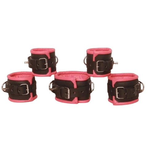leather bondage handcuffs, BDSM cuffs, secure leather cuffs, D-ring leather cuffs
