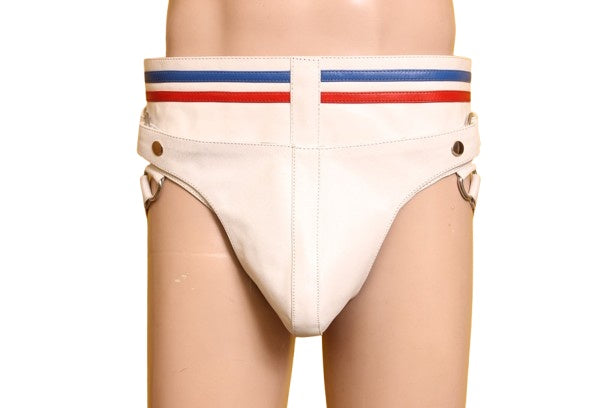 white leather jockstrap, adjustable leather underwear, BDSM jockstrap, men’s leather jockstrap