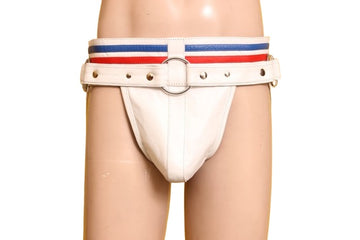 genuine mens leather jockstrap with multiple o-rings, white mens leather jockstrap with striped waistband, front o-ring and studded belt, front view