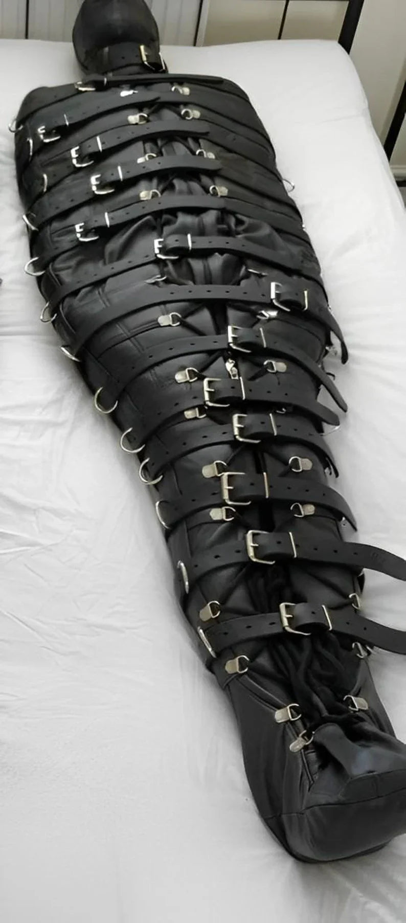 Full-body bondage leather sleepsack