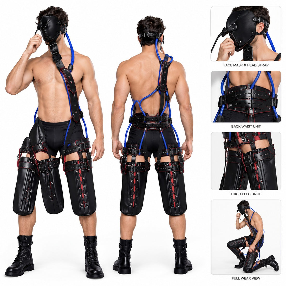 A male model wearing a black strappy harness-style outfit with blue cords, red lace-up details, and a black face mask, shown from front and back with four inset detail views on a white background.