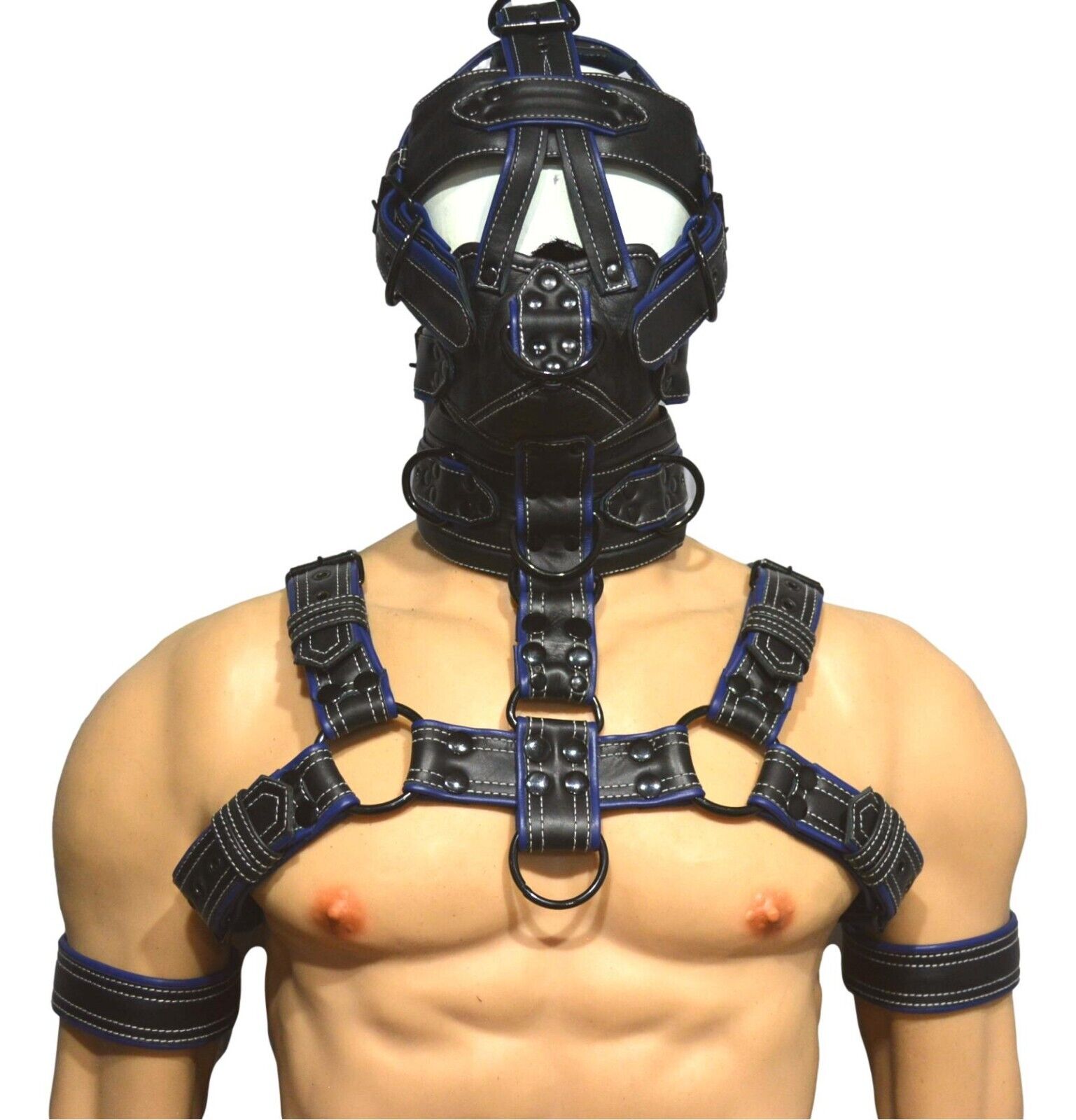 Leather bondage muzzle, leather harness, muzzle gag, muzzle with harness and biceps cuffs 