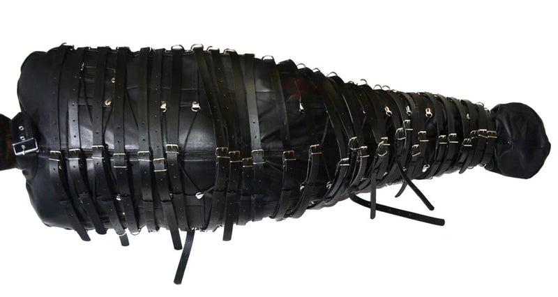 leather straight jacket sleepsack, mummy gimp bag, full body bondage sack, padded leather restraint, adjustable bondage sleepsack