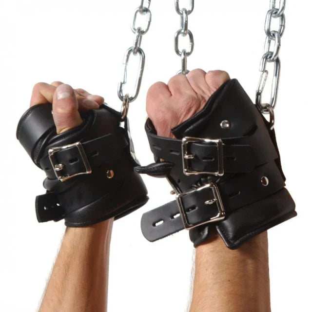 Premium Leather Bondage Suspension Cuffs, leather suspension cuffs, fur lined leather suspension cuff kit with bondage ring, high quality heavy leather padded wrist suspension cuffs, leather ankle suspension cuff, leather bondage suspension cuffs, suspension cuffs, bondage suspension cuffs, bdsm suspension cuffs, bdsm leather suspension cuffs